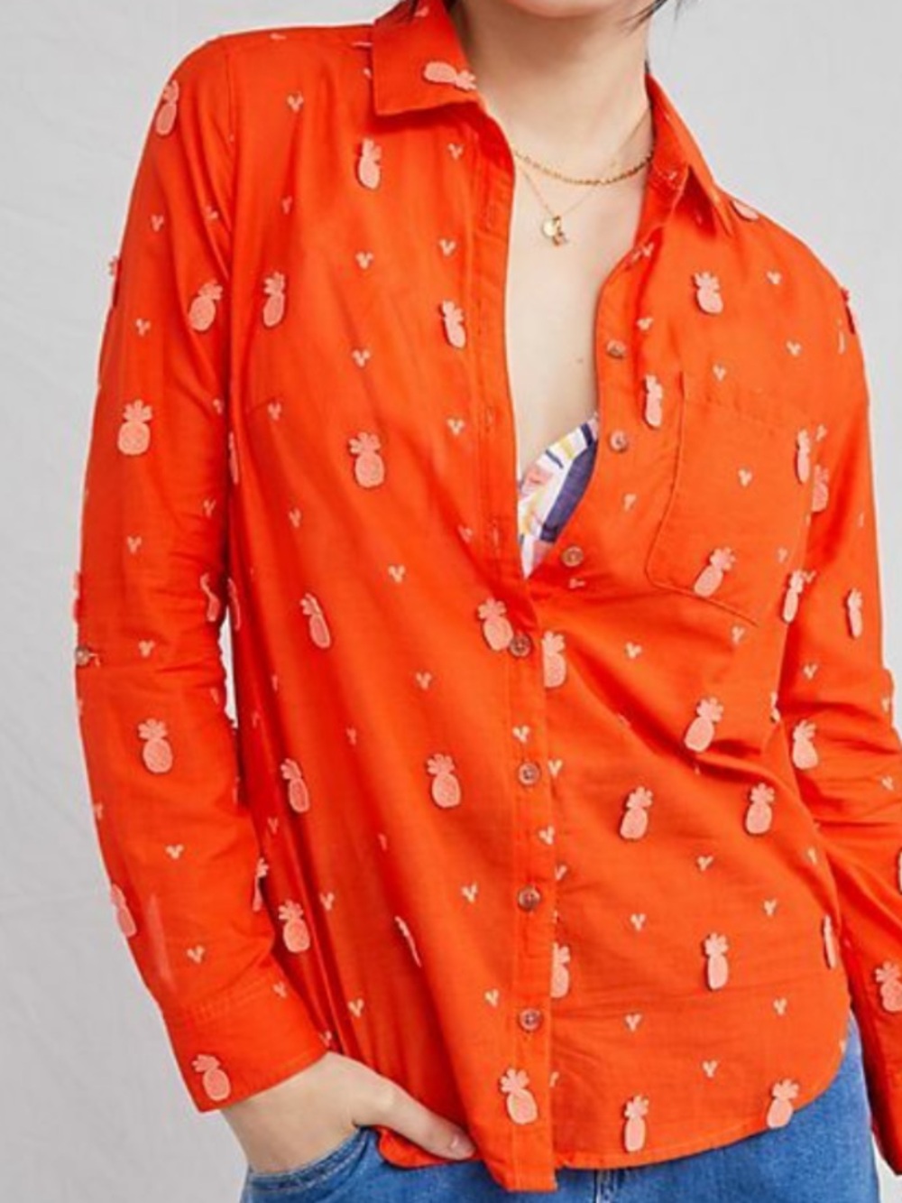 Anthropologie Maeve Coral Orange Pineapple Embroidered Top Size 16